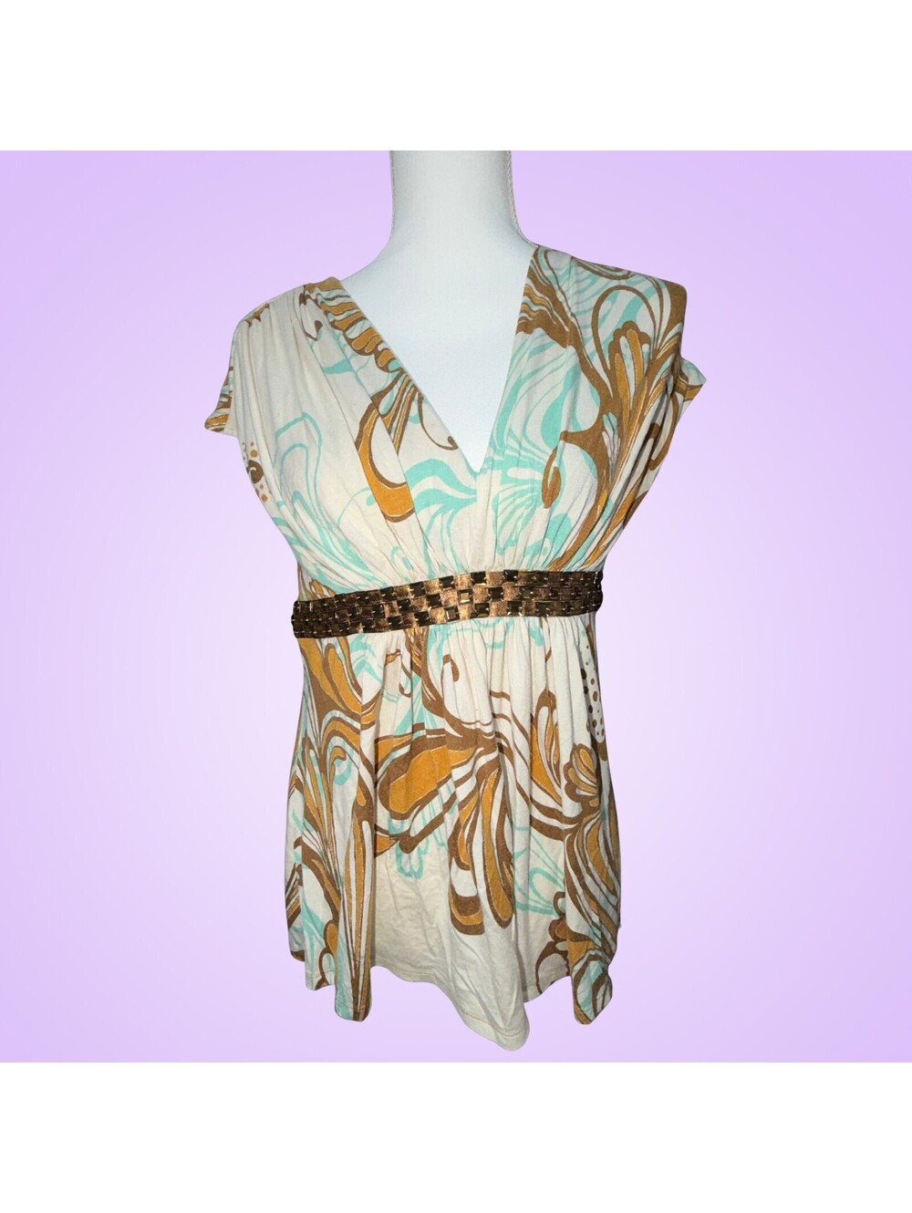 Express Womens Medium Abstract Swirl Floral V-Neck Blouse Boho Festival Top